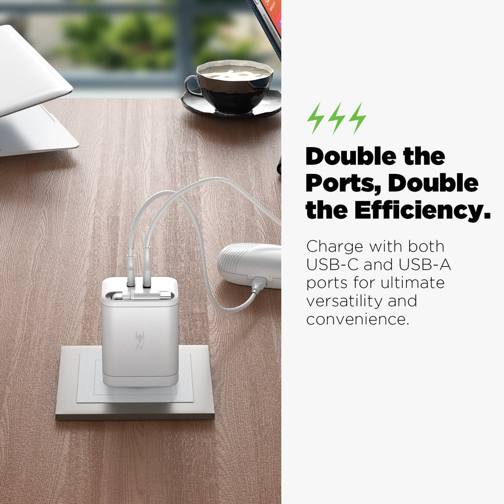 AmpNergy PowerSurge 40W+ Dual-Port GaN Charger with Retractable USB-C Cable - White