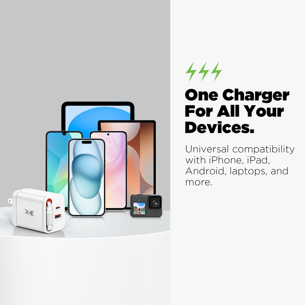 AmpNergy PowerSurge 40W+ Dual-Port GaN Charger with Retractable USB-C Cable - White