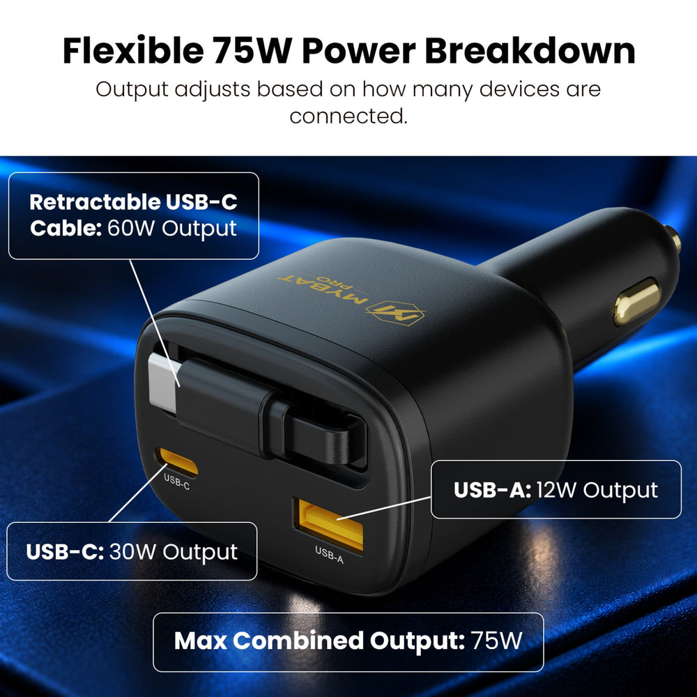 MyBat Pro 75W Dual-Port Car Charger with Retractable USB-C Cable + Digital Display - Black