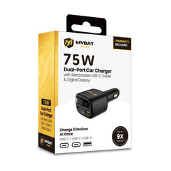 MyBat Pro 75W Dual-Port Car Charger with Retractable USB-C Cable + Digital Display - Black