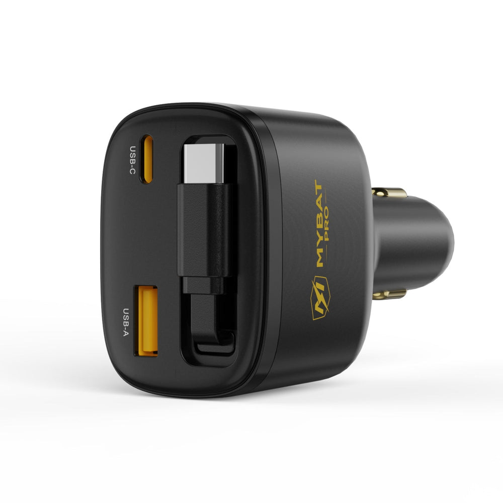 MyBat Pro 75W Dual-Port Car Charger with Retractable USB-C Cable + Digital Display - Black