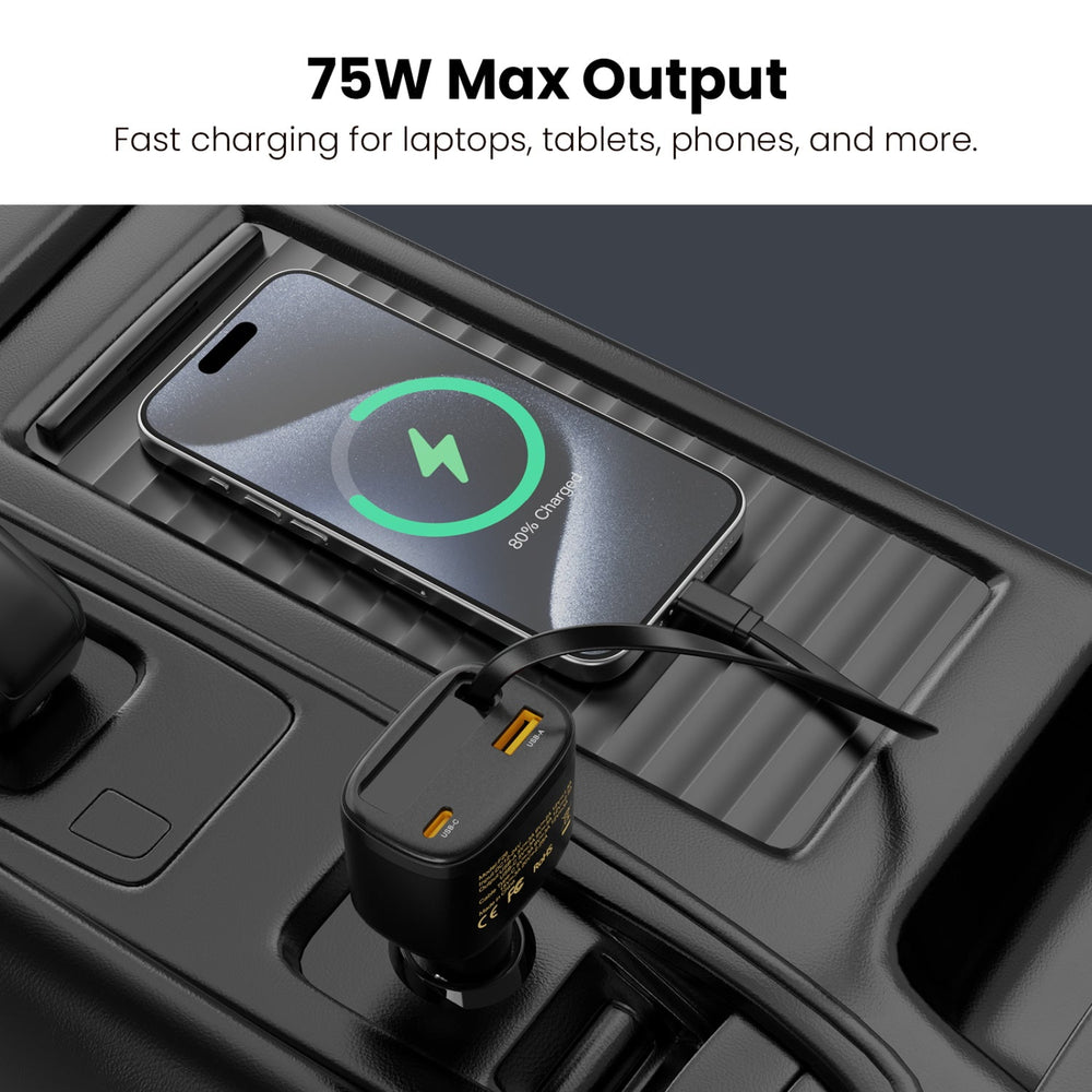 MyBat Pro 75W Dual-Port Car Charger with Retractable USB-C Cable + Digital Display - Black