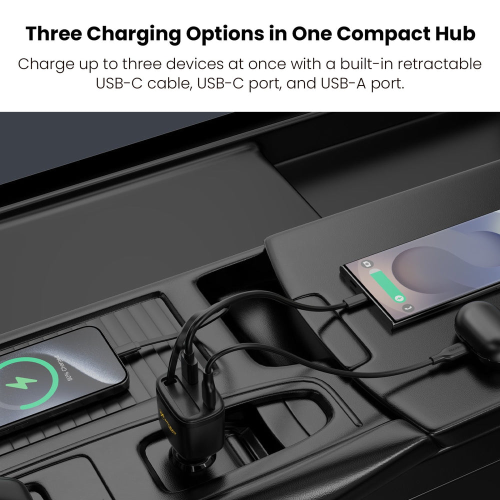 MyBat Pro 75W Dual-Port Car Charger with Retractable USB-C Cable + Digital Display - Black