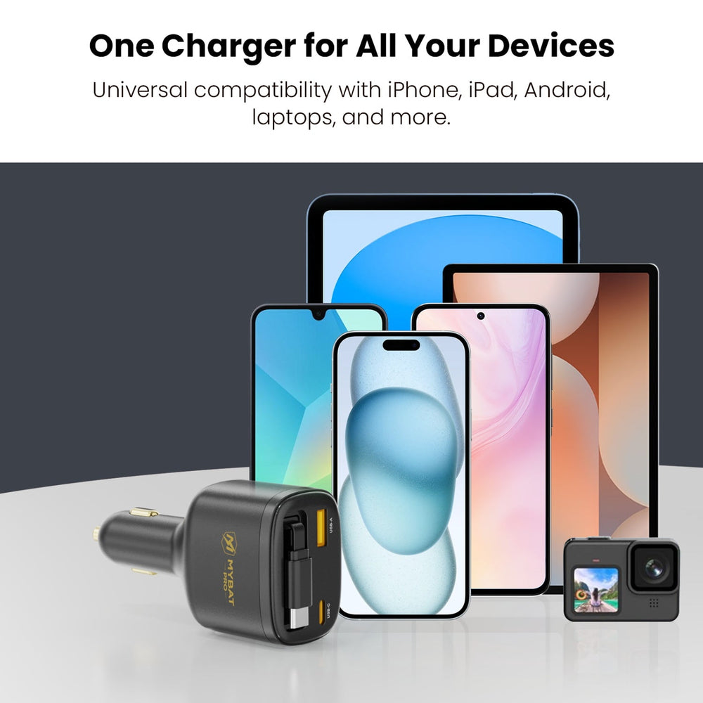 MyBat Pro 75W Dual-Port Car Charger with Retractable USB-C Cable + Digital Display - Black