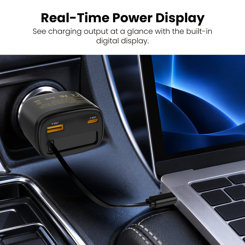 MyBat Pro 75W Dual-Port Car Charger with Retractable USB-C Cable + Digital Display - Black
