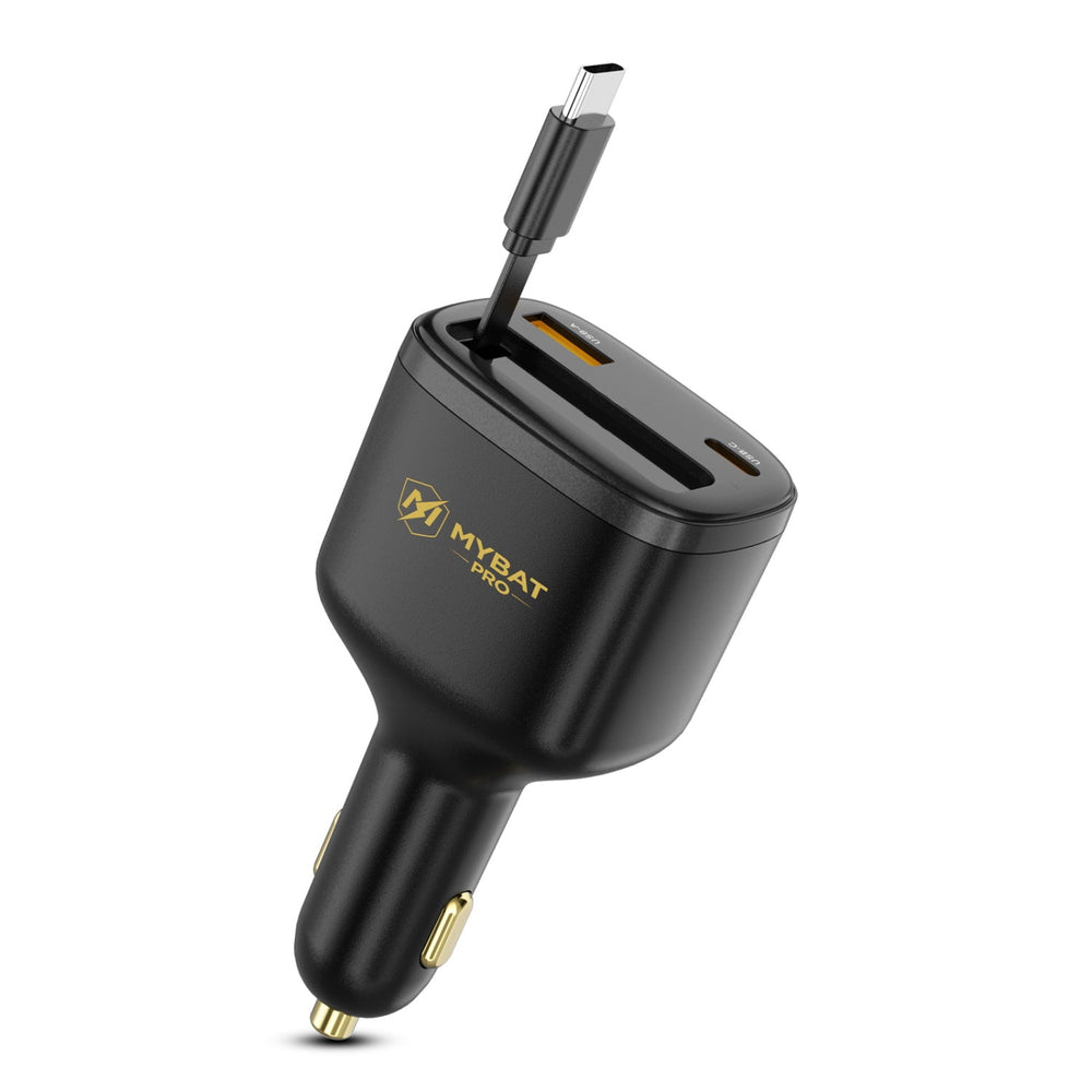 MyBat Pro 75W Dual-Port Car Charger with Retractable USB-C Cable + Digital Display - Black