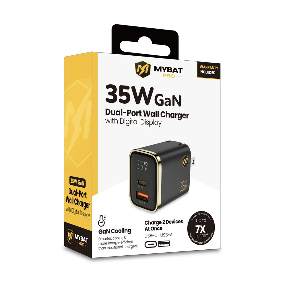 MyBat Pro 35W Dual-Port Digital Display GaN Wall Charger - Black