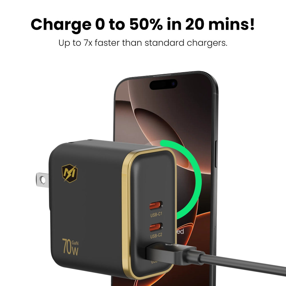 MyBat Pro 70W Three-Port Digital Display GaN Wall Charger - Black