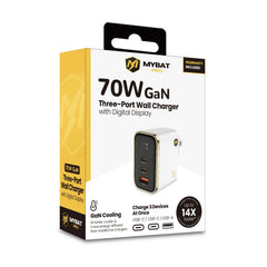 MyBat Pro 70W Three-Port Digital Display GaN Wall Charger - White