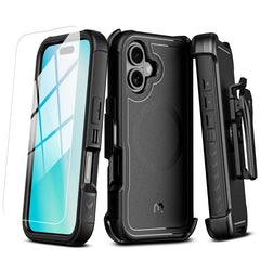 MyBat Pro Antimicrobial Maverick Series w/ MagSafe Case with Holster and Tempered Glass for Apple iPhone 16