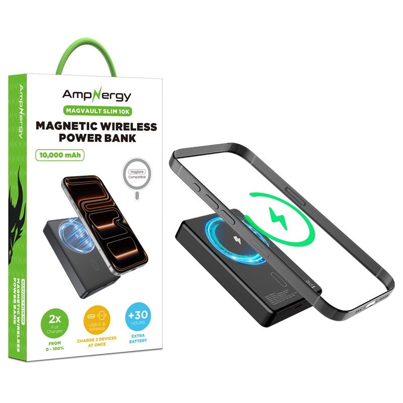 AmpNergy MagVault Slim Magnetic Power Bank – 10000mAh - BlackMyBat Pro