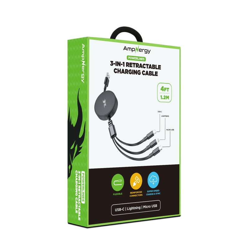 AmpNergy PowerLines 3 - in - 1 Retractable Charging Cable - 4FT - BlackMyBat Pro