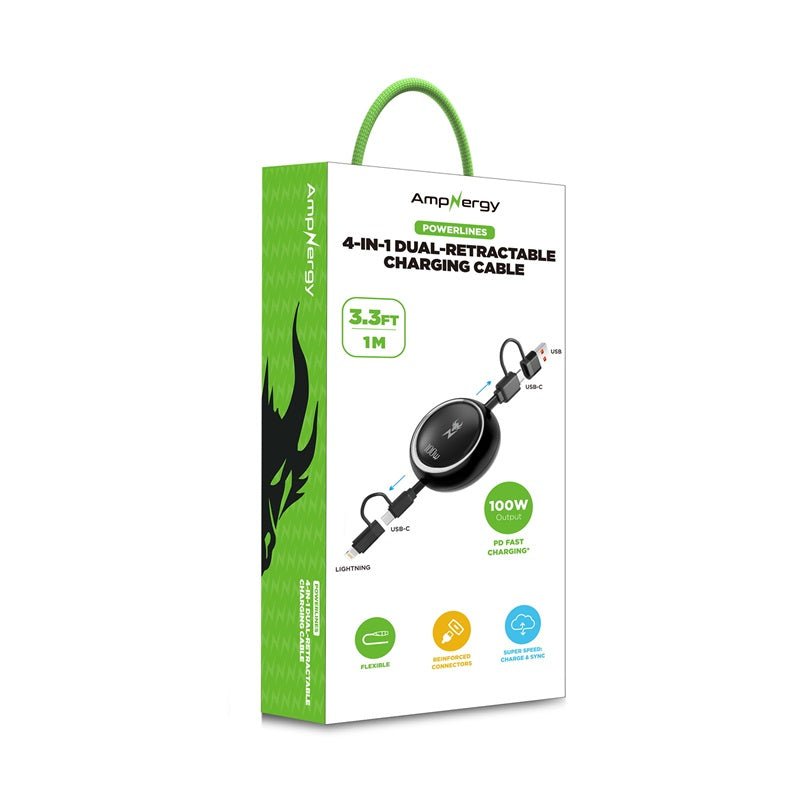 AmpNergy PowerLines 4 - in - 1 Dual - Retractable Charging Cable - 3FT - WhiteMyBat Pro