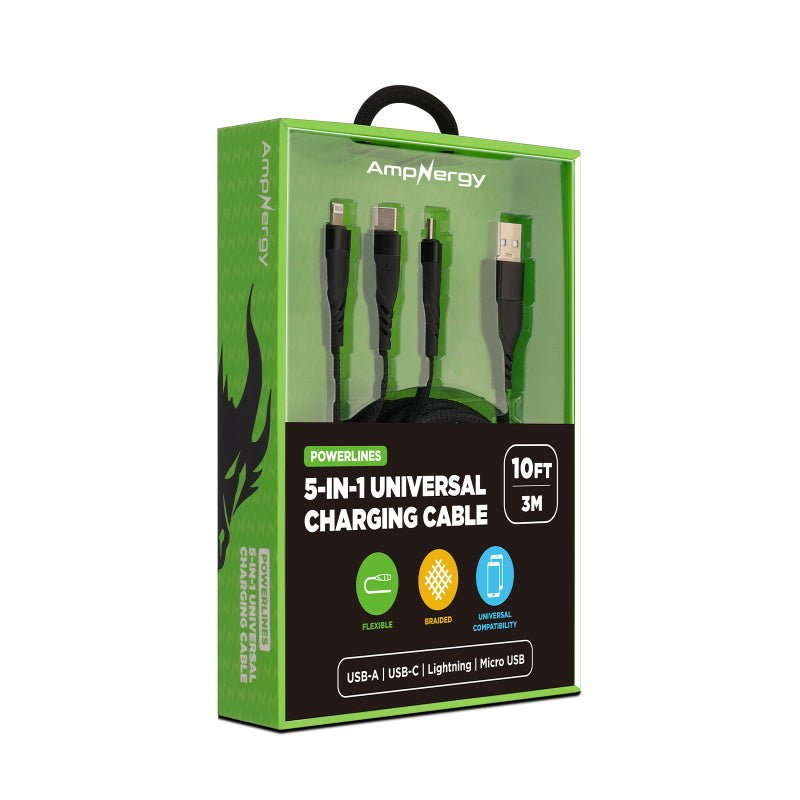 AmpNergy PowerLines 5 - in - 1 Universal Charging Cable (L=10 FT) - BlackMyBat Pro