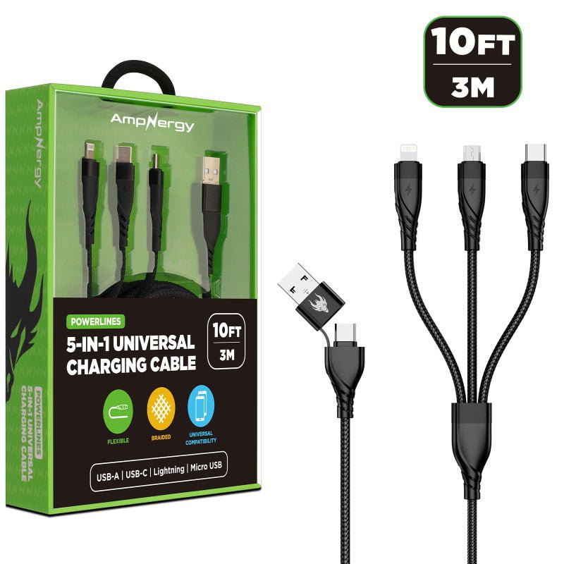 AmpNergy PowerLines 5 - in - 1 Universal Charging Cable (L=10 FT) - BlackMyBat Pro