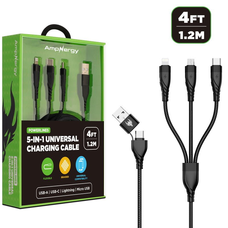 AmpNergy PowerLines 5 - in - 1 Universal Charging Cable (L=4 FT) - BlackMyBat Pro