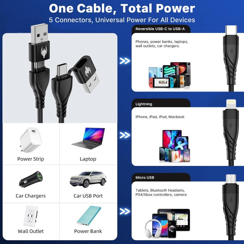 AmpNergy PowerLines 5 - in - 1 Universal Charging Cable (L=4 FT) - BlackMyBat Pro