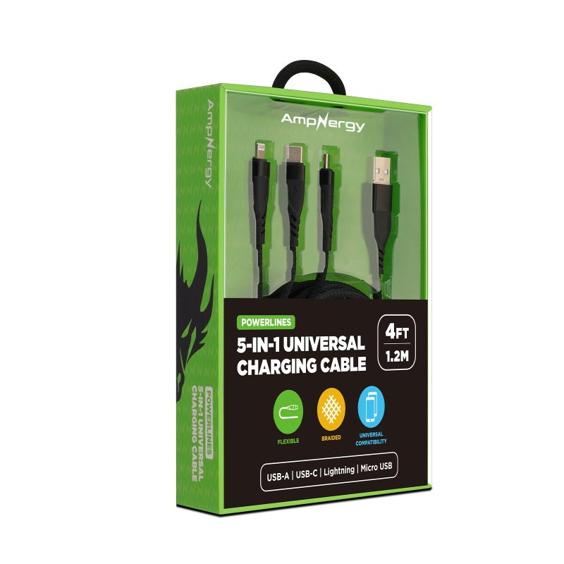 AmpNergy PowerLines 5 - in - 1 Universal Charging Cable (L=4 FT) - BlackMyBat Pro