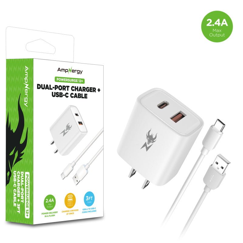 AmpNergy PowerSurge 12W Dual - Port Wall Charger with USB - A to USB - C CableAmpNergy