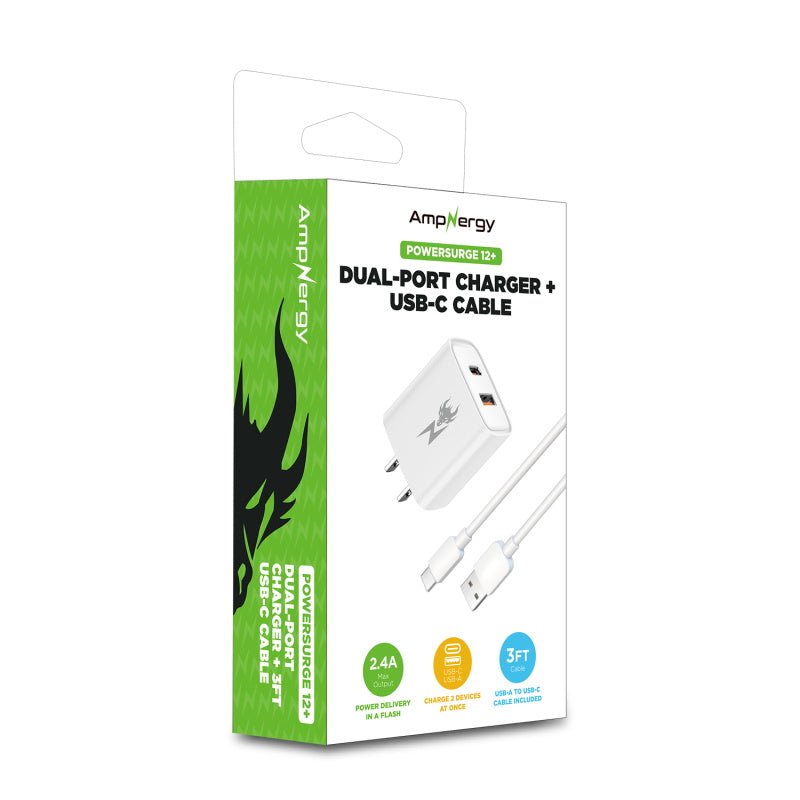AmpNergy PowerSurge 12W Dual - Port Wall Charger with USB - A to USB - C CableAmpNergy