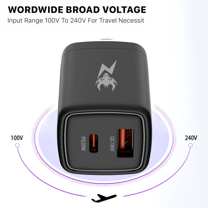 AmpNergy PowerSurge 20 Fast Dual - Port Charger w/ Foldable PlugMyBat Pro