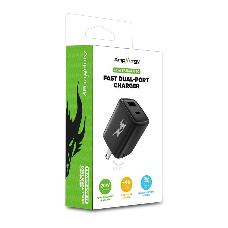 AmpNergy PowerSurge 20 Fast Dual - Port Charger w/ Foldable PlugMyBat Pro