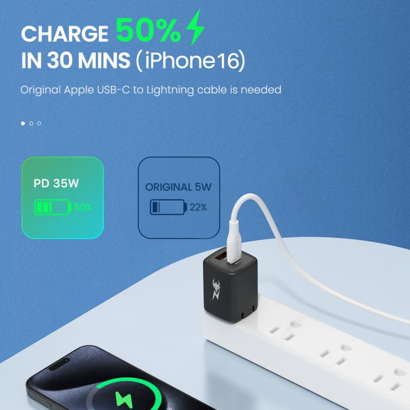 AmpNergy PowerSurge 20 Fast Dual - Port Charger w/ Foldable PlugMyBat Pro