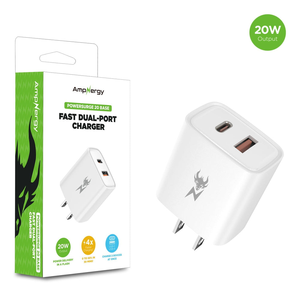AmpNergy PowerSurge 20W Fast Dual-Port Charger - WhiteAmpNergy