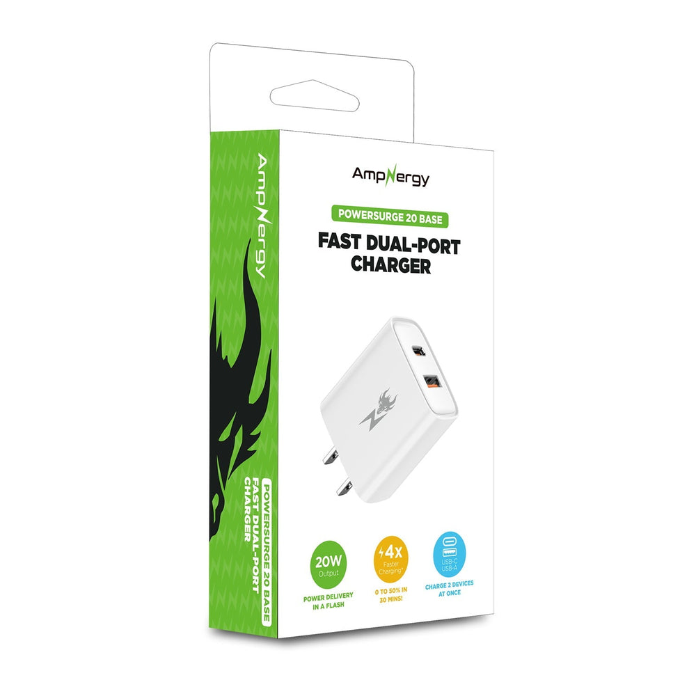 AmpNergy PowerSurge 20W Fast Dual-Port Charger - WhiteAmpNergy