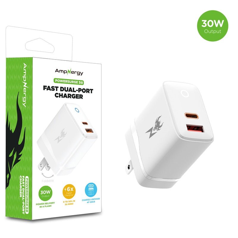 AmpNergy PowerSurge 30 Fast Dual - Port Charger w/ Foldable Plug - WhiteMyBat Pro