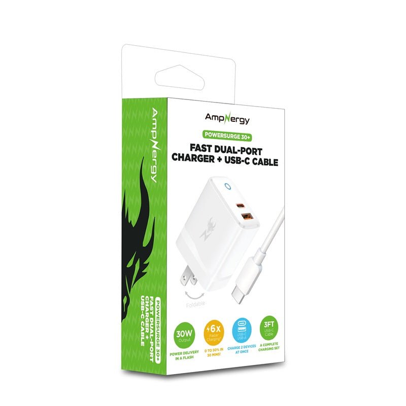 AmpNergy PowerSurge 30 Fast Dual - Port Charger w/ Foldable Plug with USB - C to USB - C Cable - WhiteMyBat Pro