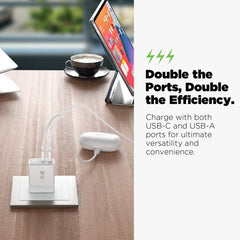 AmpNergy PowerSurge 30 Fast Dual - Port Charger w/ Foldable Plug with USB - C to USB - C Cable - WhiteMyBat Pro