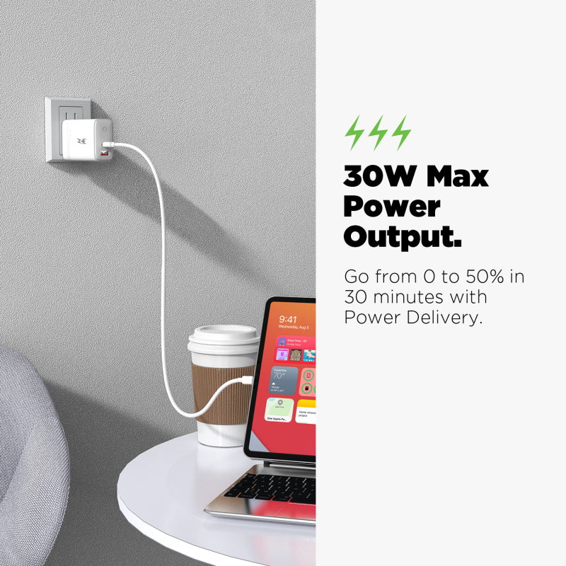 AmpNergy PowerSurge 30 Fast Dual - Port Charger w/ Foldable Plug with USB - C to USB - C Cable - WhiteMyBat Pro