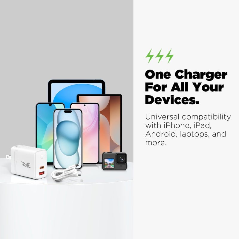 AmpNergy PowerSurge 30 Fast Dual - Port Charger w/ Foldable Plug with USB - C to USB - C Cable - WhiteMyBat Pro