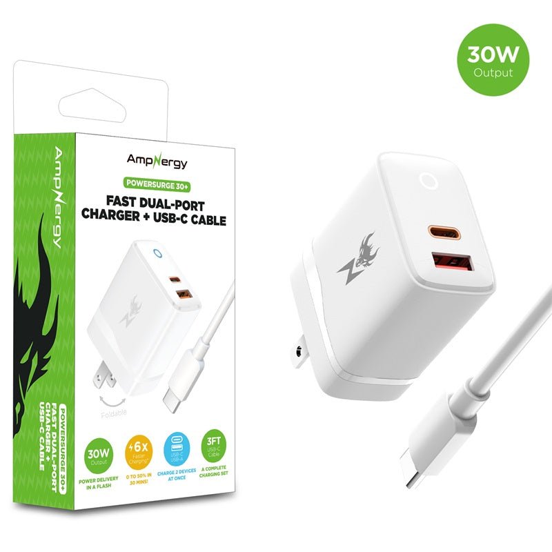 AmpNergy PowerSurge 30 Fast Dual - Port Charger w/ Foldable Plug with USB - C to USB - C Cable - WhiteMyBat Pro