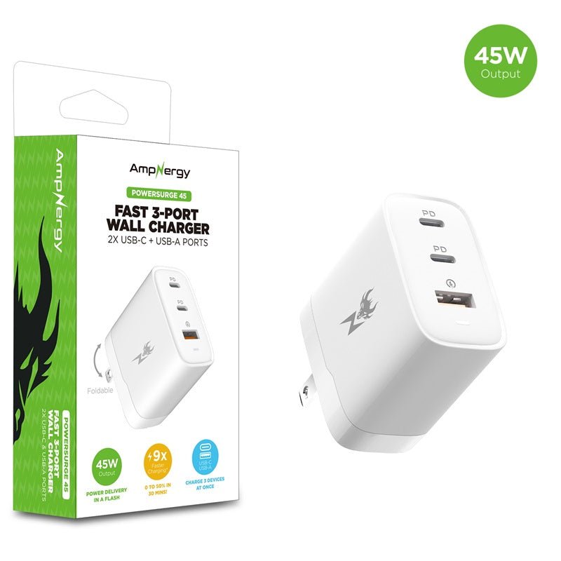 AmpNergy PowerSurge 45 Fast 3 - Port Charger w/ Foldable Plug - WhiteMybat Pro