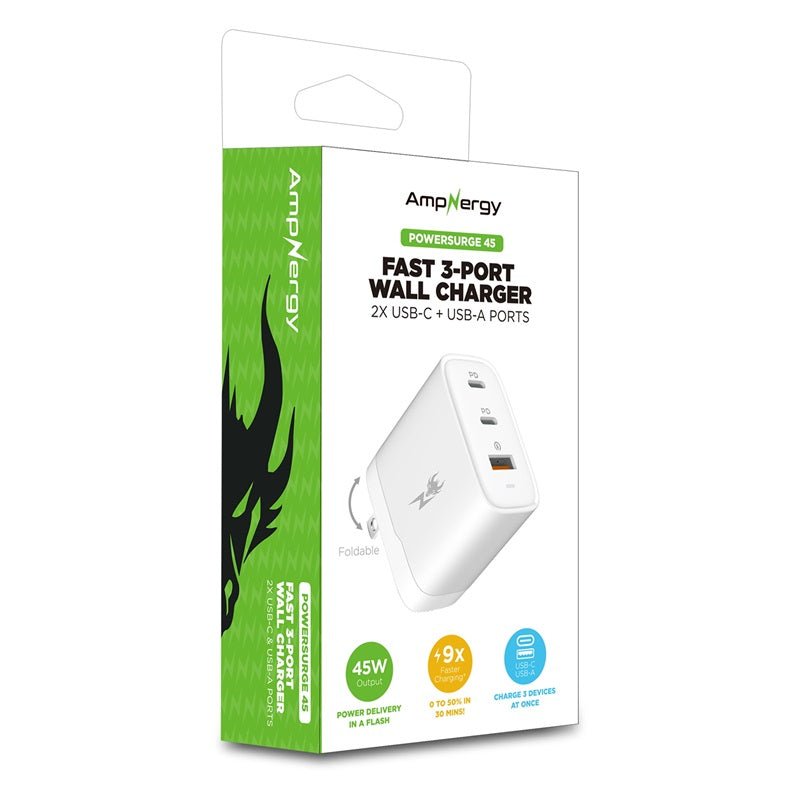 AmpNergy PowerSurge 45 Fast 3 - Port Charger w/ Foldable Plug - WhiteMybat Pro