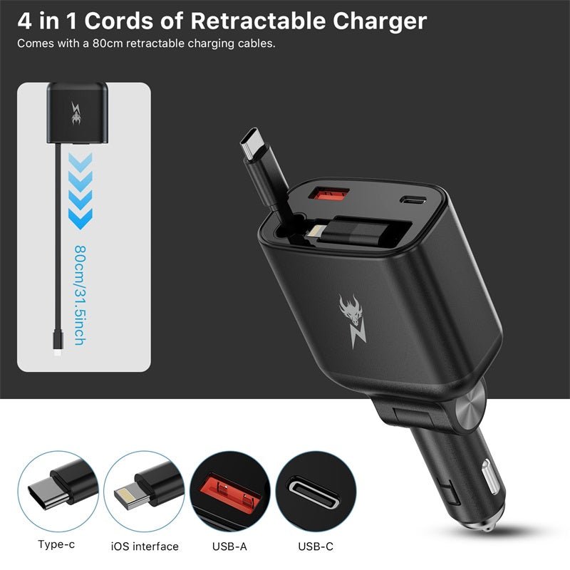 AmpNergy Speedemon 105+ 4 - in - 1 Car Charger w/ Dual Ports & Retractable CablesMyBat Pro