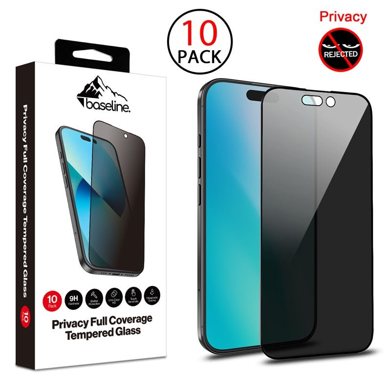 baseline Privacy Full Coverage Tempered Glass Screen Protector (10 - pack) for Apple iPhone 16 / 15 / 15 Pro / 14 Pro - BlackMyBat Pro