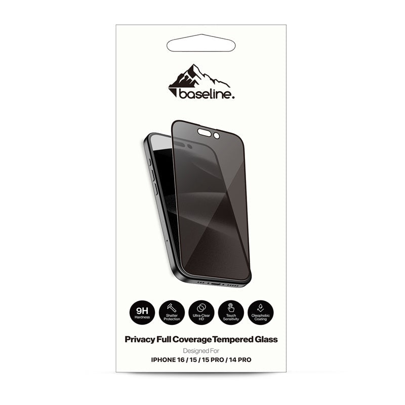 baseline Privacy Full Coverage Tempered Glass Screen Protector for Apple iPhone 16 / 15 / 15 Pro / 14 Pro - BlackMyBat Pro