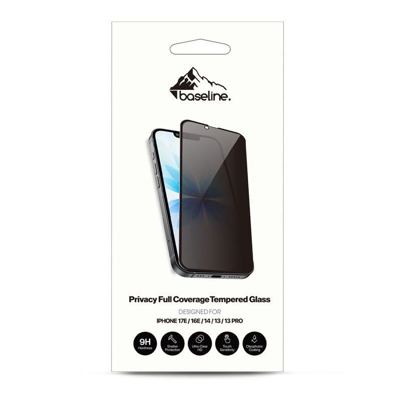 baseline Privacy Full Coverage Tempered Glass Screen Protector for Apple iPhone 17e / 16e / 14 / 13 / 13 Pro - BlackMybat Pro
