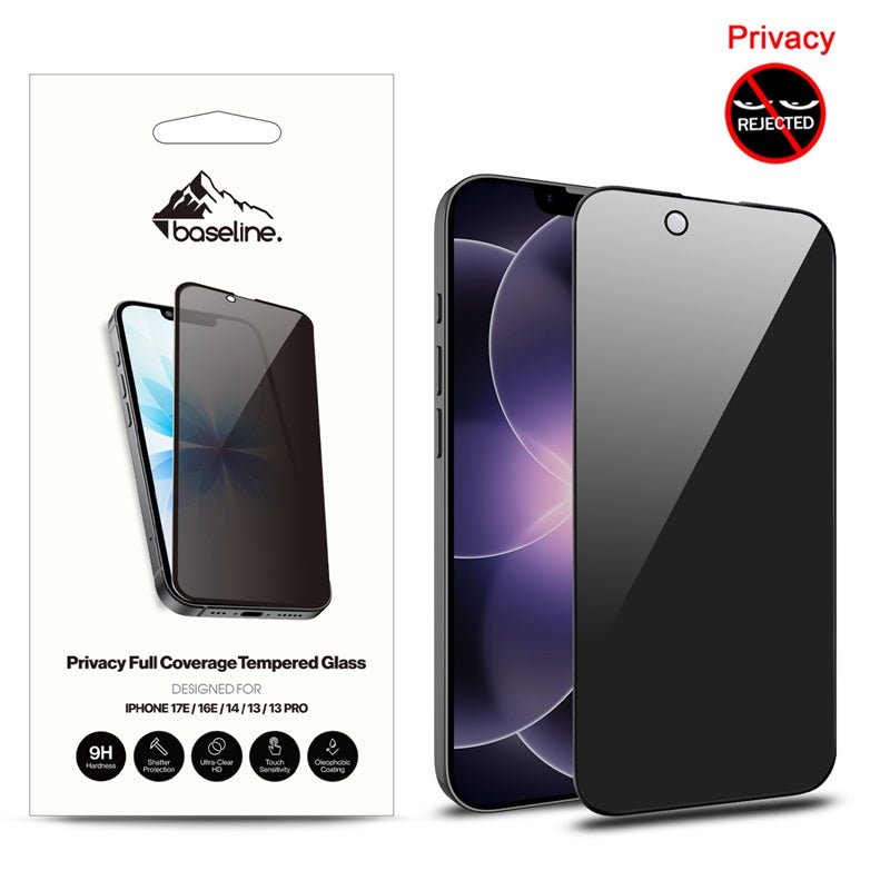 baseline Privacy Full Coverage Tempered Glass Screen Protector for Apple iPhone 17e / 16e / 14 / 13 / 13 Pro - BlackMybat Pro