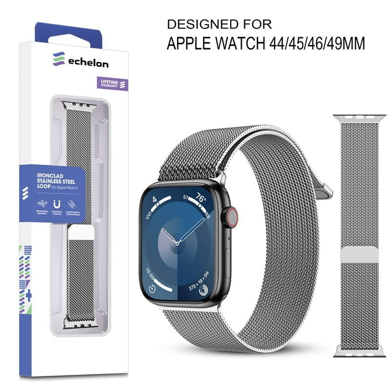 echelon Ironclad Stainless Steel Loop for Apple Watch Series 9 45mm/Watch Series 10 46mm / Watch SE (2022) 44mm - SilverWatch Series 9 45mm