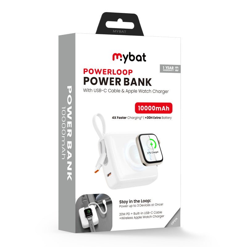 MyBat 10000mAh PowerLoop Power Bank with USB - C Cable & Watch ChargerMyBat Pro