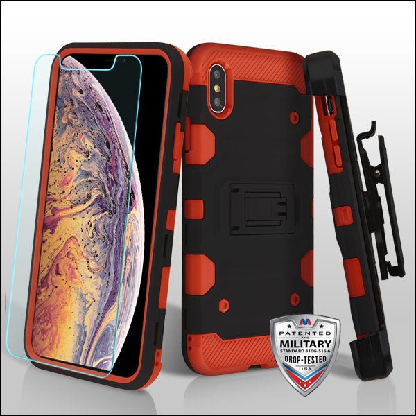 MyBat Pro 3 - in - 1 Storm Tank Hybrid Protector Cover Combo (with Black Holster)(Tempered Glass Screen Protector)[Military - Grade Certified] for Apple iPhone XS MaxiPhone XS Max