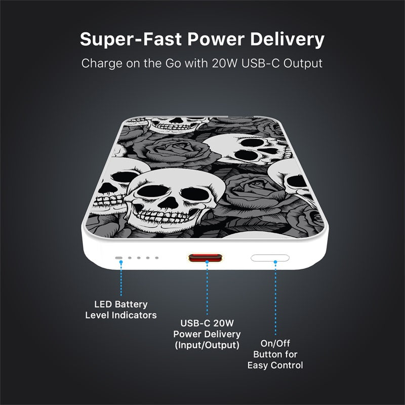 MyBat Design Lab 5000mAh Magnetic Wireless Power Bank - White - Skull Garden