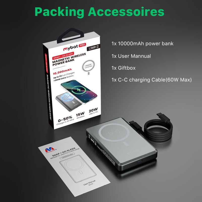 MyBat Pro 10000mAh SNAP + GO SLEEK Magnetic Wireless Power BankMyBat Pro