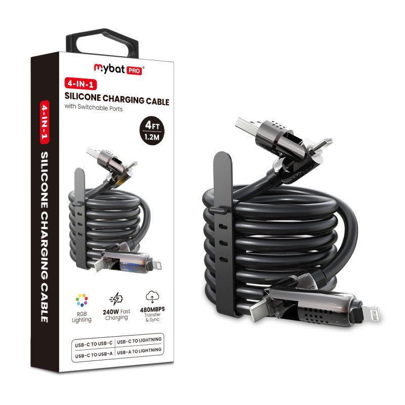 MyBat Pro 4 - in - 1 Silicone Charging Cable w/ RGB Lights - 4FT - BlackMyBat Pro