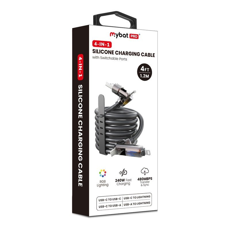 MyBat Pro 4 - in - 1 Silicone Charging Cable w/ RGB Lights - 4FT - BlackMyBat Pro