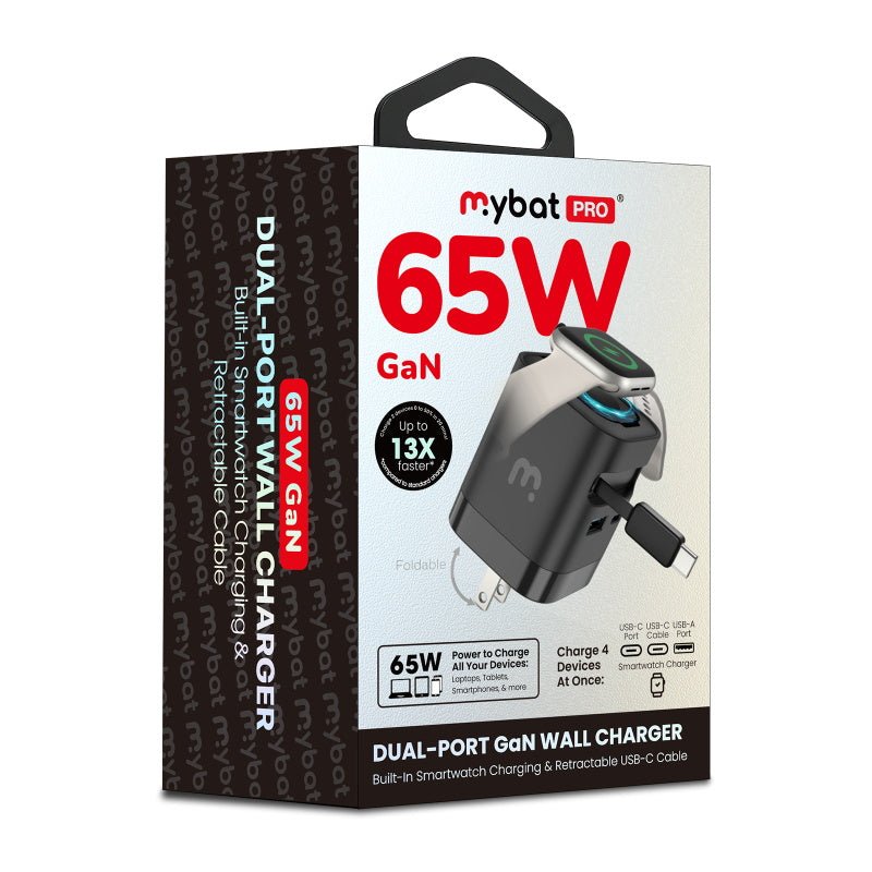 MyBat Pro 65W Dual - Port GaN Wall Charger + Built - In Smartwatch Charging & Retractable USB - C CableMyBat Pro
